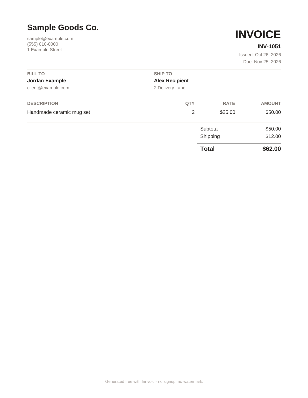 Sample invoice created with the free Innvoic invoice generator, showing a $12 shipping charge line and a separate ship-to address, total $62