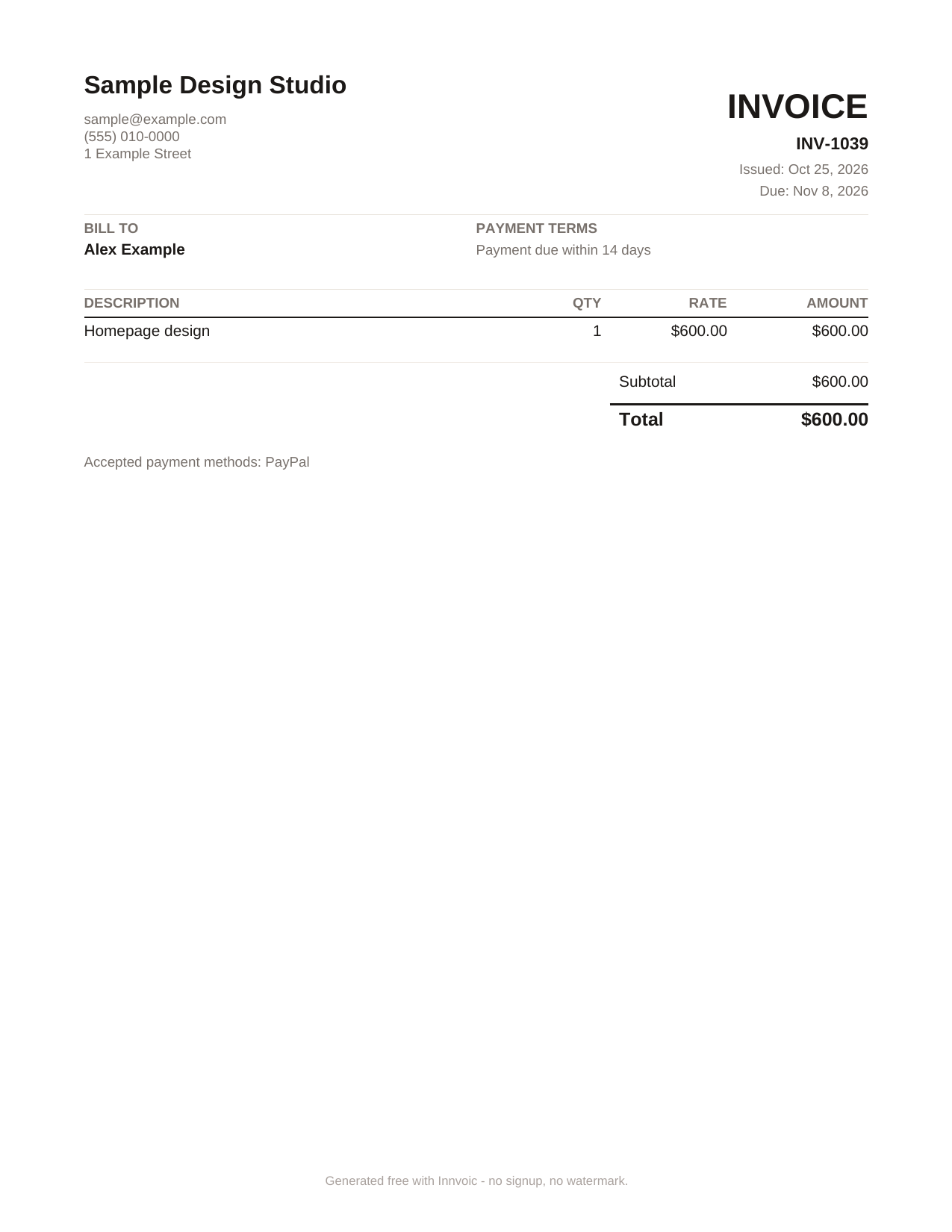 Sample invoice from Innvoic: Sample Design Studio billing Alex Example for one homepage design at 600 dollars, subtotal and total 600 dollars, due within 14 days, PayPal listed as the accepted payment method