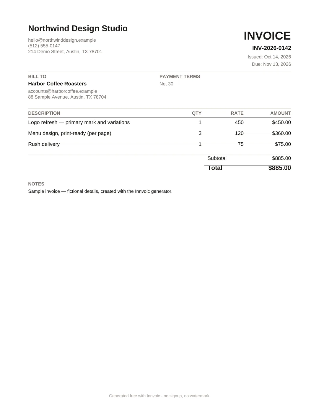 Sample invoice created with the free Innvoic invoice generator — no signup, no watermark
