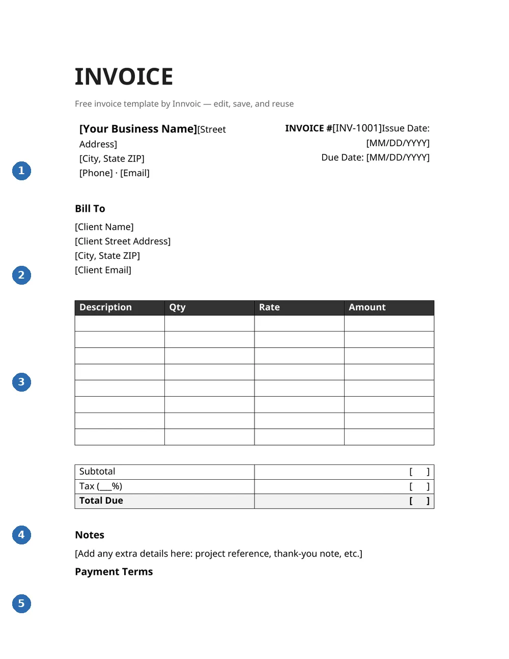 Annotated preview of the invoice template file that opens in Google Docs: 1 business details, 2 bill-to client block, 3 line items table, 4 subtotal tax and total due, 5 notes and payment terms