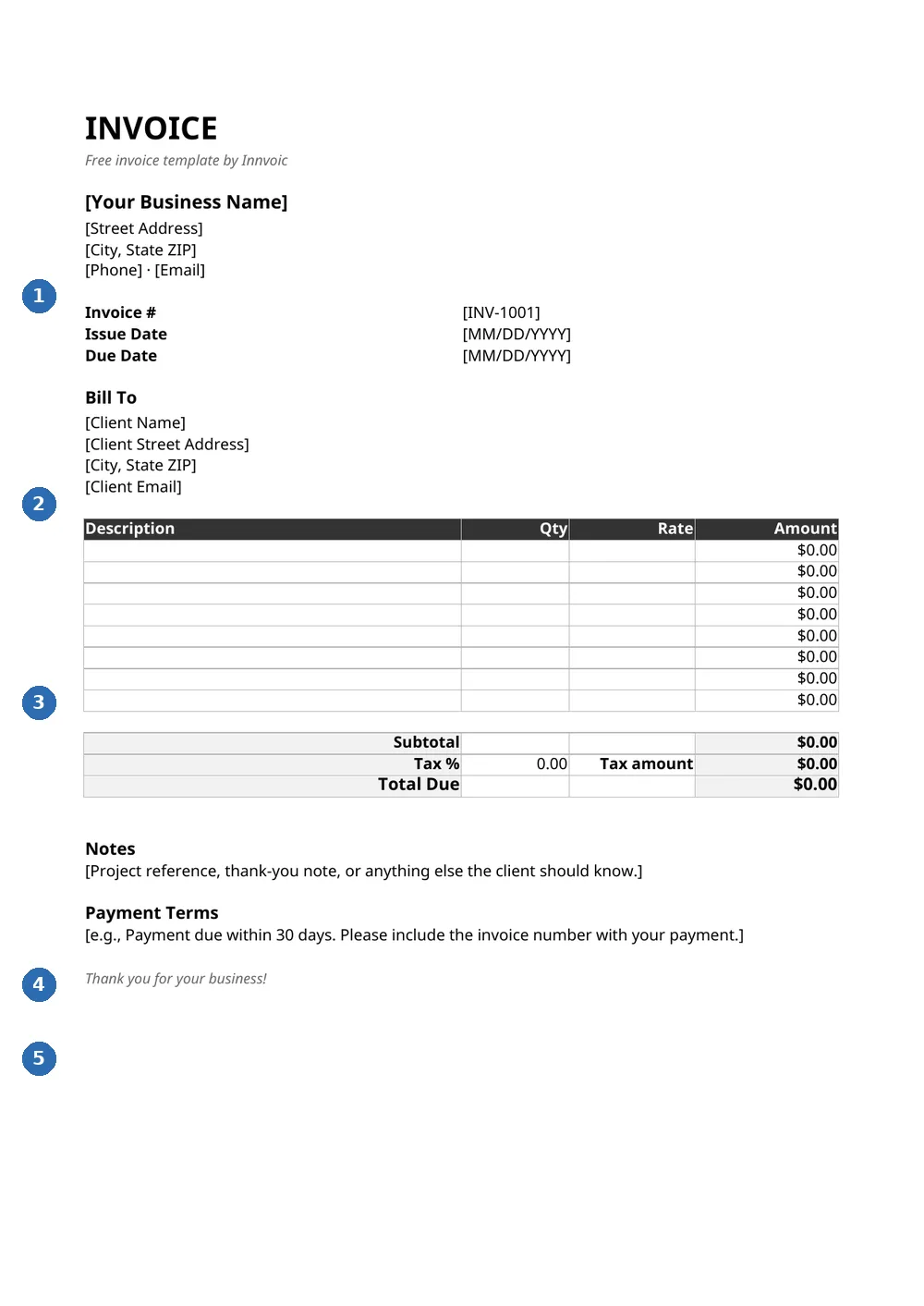 Annotated preview of the invoice template spreadsheet that imports into Google Sheets: 1 business details, 2 bill-to client block, 3 line items with live formulas, 4 automatic totals, 5 notes and payment terms